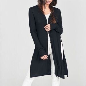 Joah Brown Luna Cardigan M/L Black Ribbed Open Front Longline Side Slits